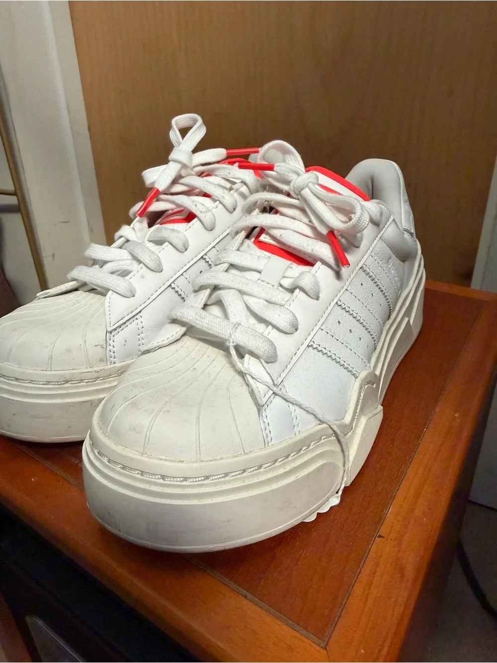 Adidas Superstar Bold White and Red Women’s Platform Sneakers. Size: 7